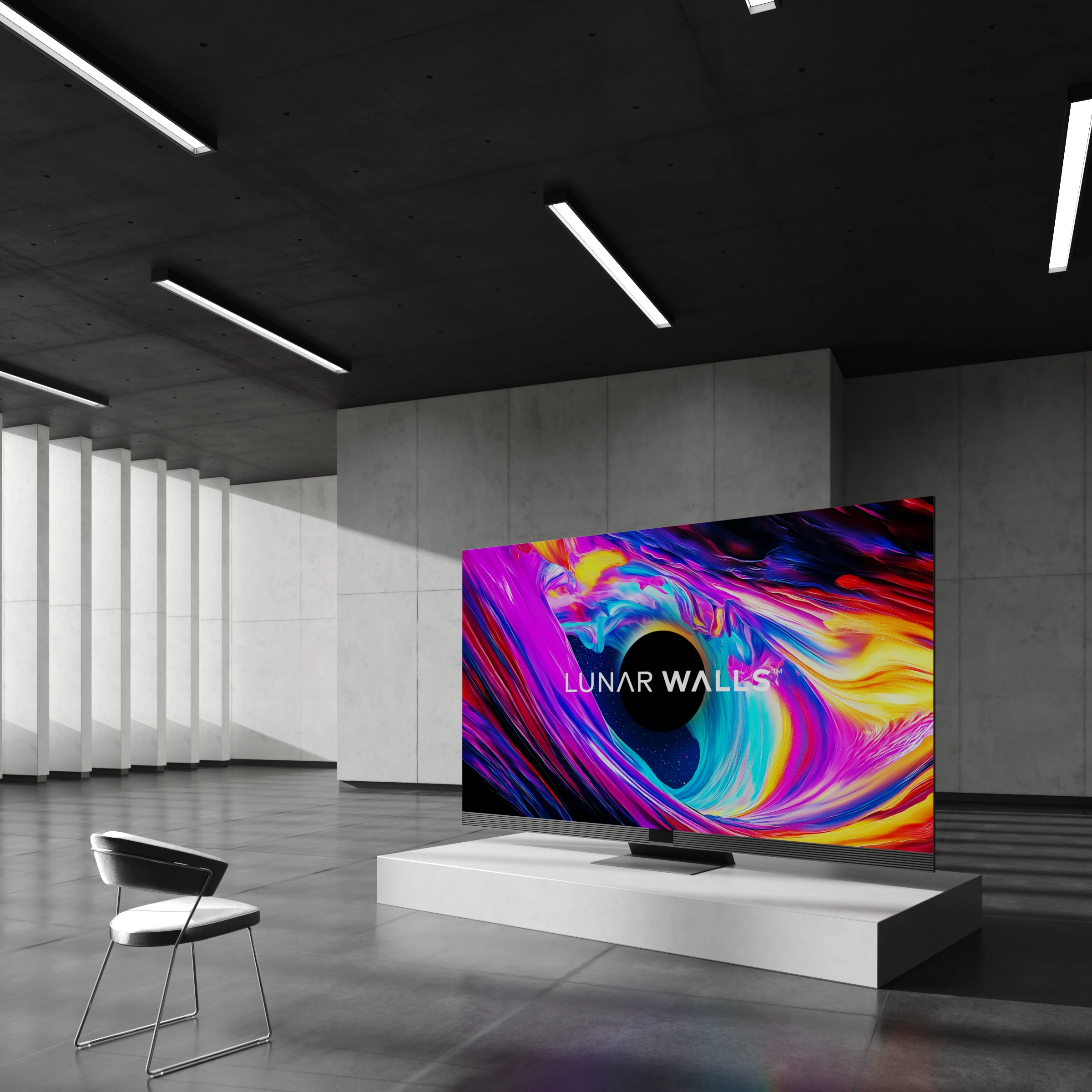 3D rendering of interior Realistic 3D render of TV in gray interior