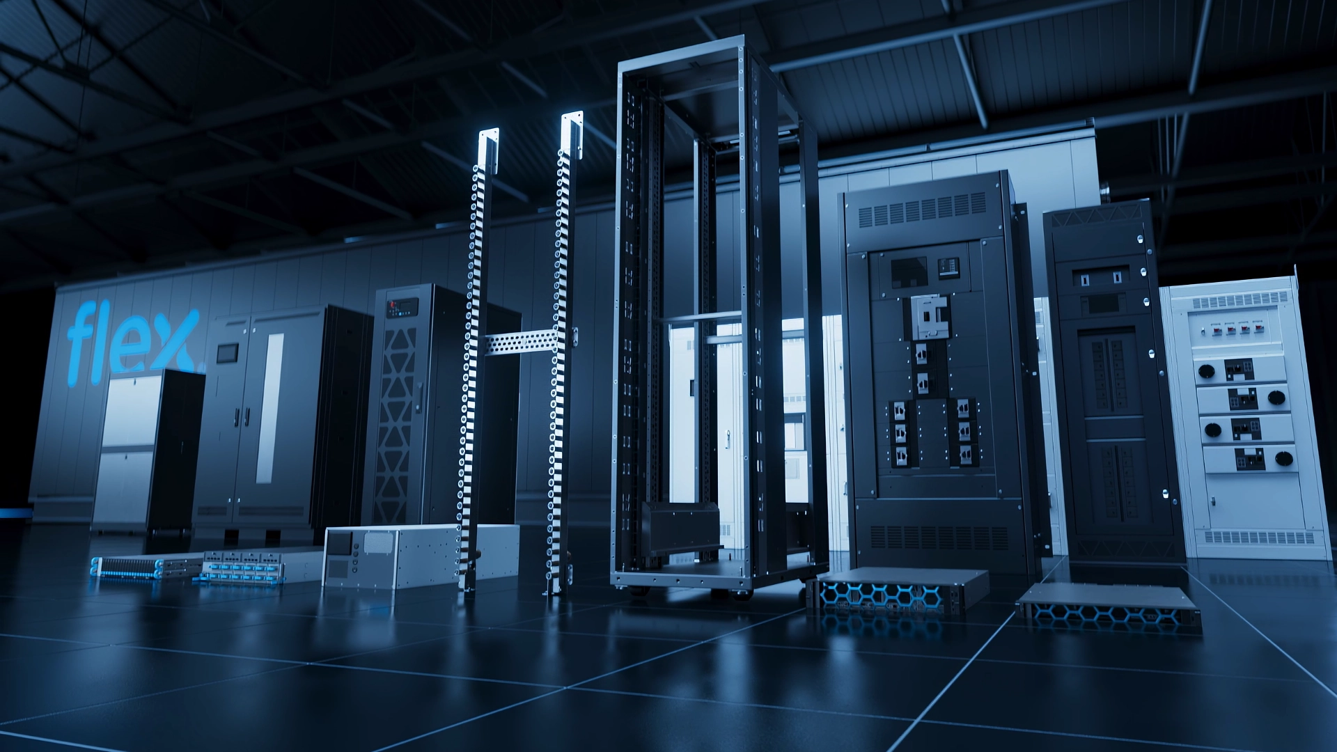 High-end 3D industrial animation video frame showcasing an array of photorealistic black server racks, data center enclosures, and industrial electronic components inside a modern warehouse environment, designed by a professional 3D animation agency.