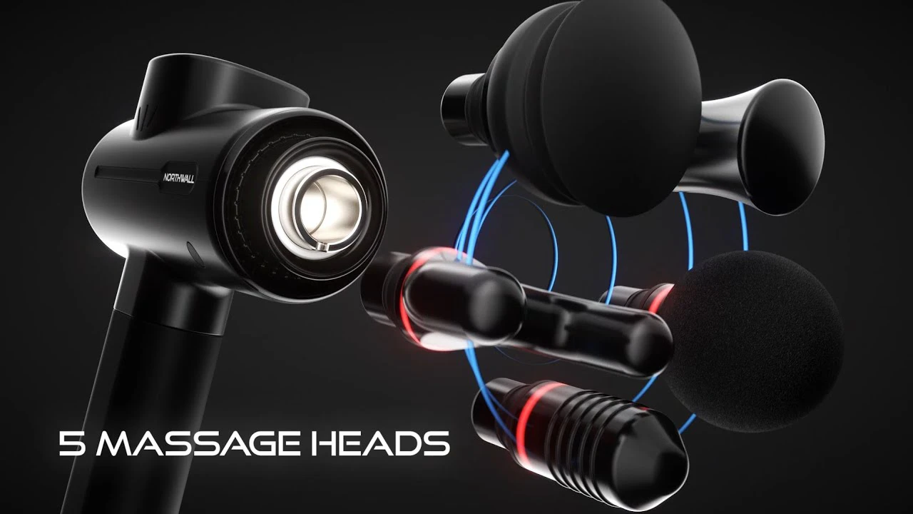 Exploded view 3D product animation render of a black Northwall massage device showing 5 different massage heads orbiting the attachment point, demonstrating animated 3D video production capabilities for commercial brands.