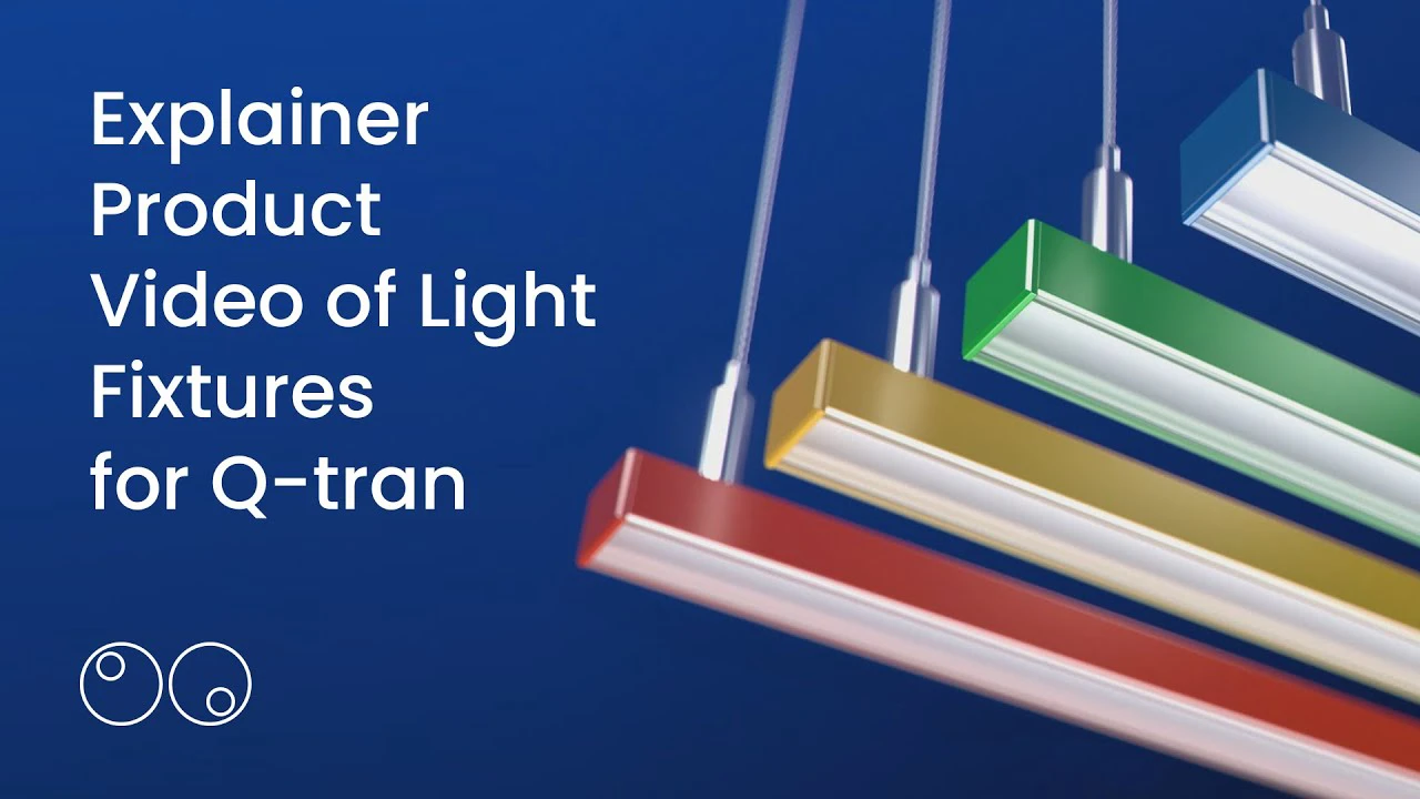 Colorful architectural light fixtures hanging diagonally in a clean studio setting, demonstrating premium 3D product animation services and animated 3D video production created by a professional 3D animation agency for a Q-Tran explainer video.